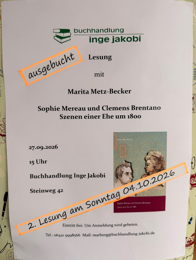 Plakat: 2. Lesung mit Marita Metz-Becker am Sonntag 04.10.2026 – Sophie Mereau und Clemens Brentano